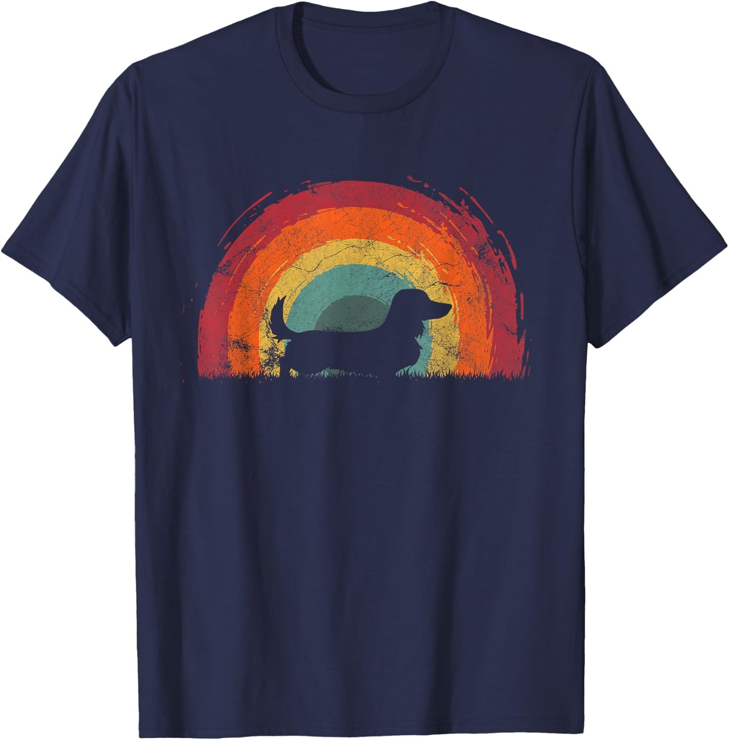 Long Haired Dachshund Vintage Rainbow Dog Men Women T-Shirt - T-Shirt | Navy