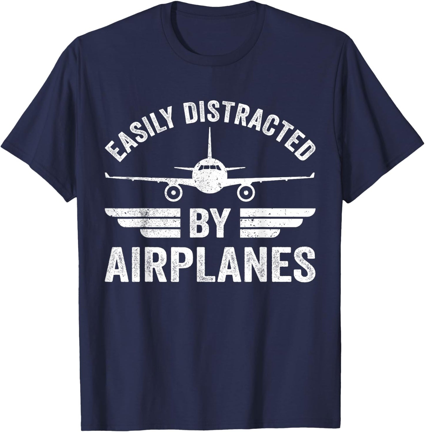 Easily Distracted By Airplanes Funny Aviation Pilot Airplane T-Shirt - T-Shirt | Navy
