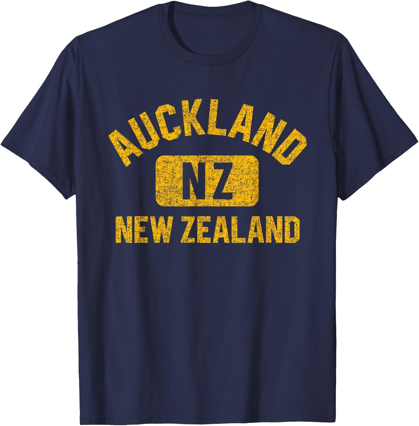 Auckland New Zealand Gym Style Distressed Amber Print T-Shirt - T-Shirt | Navy