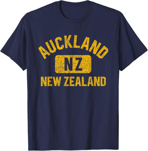 Auckland New Zealand Gym Style Distressed Amber Print T-Shirt - T-Shirt | Navy