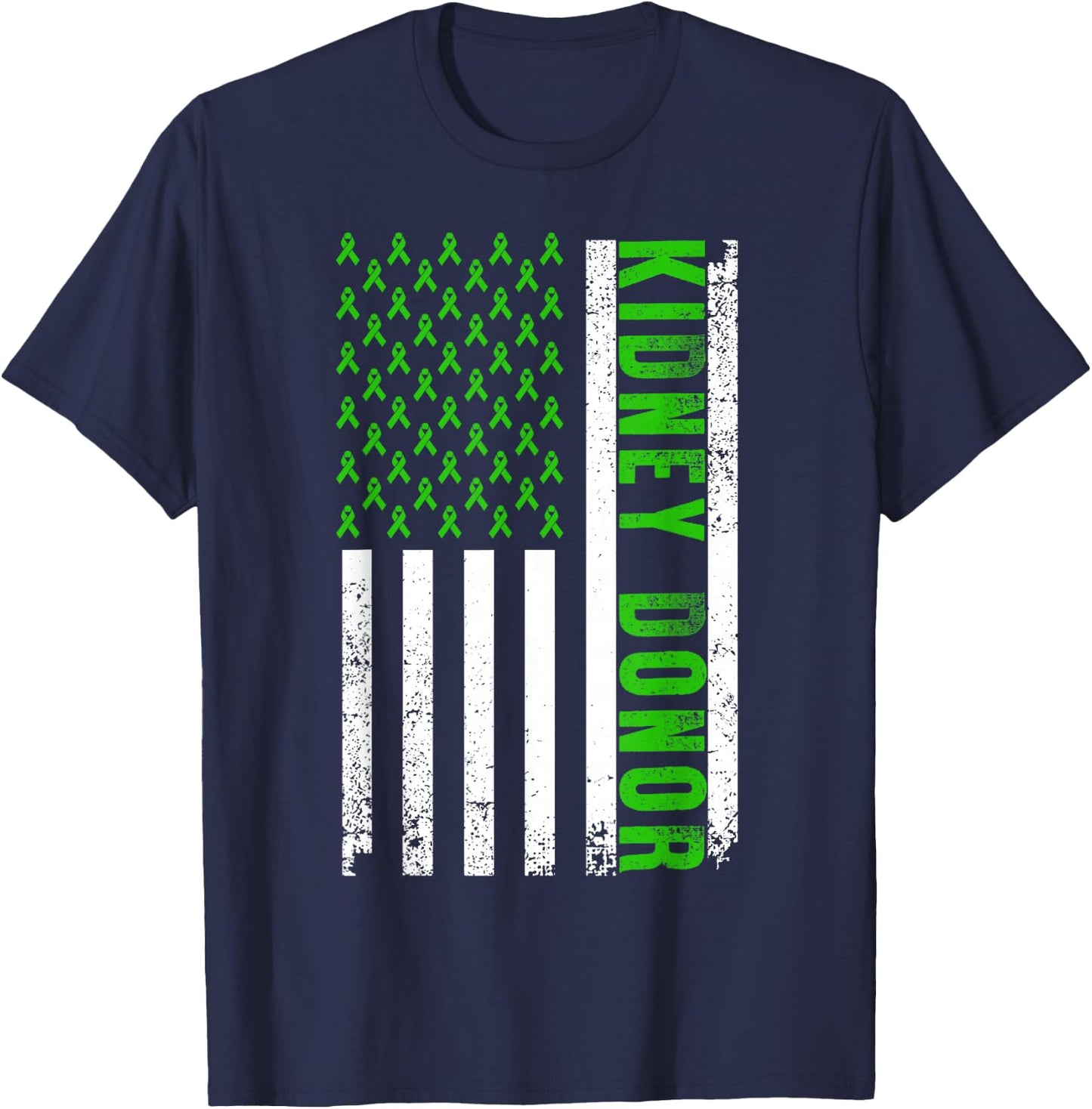 Cute Kidney Donor US Flag Art Kidney Transplant Green Ribbon T-Shirt - T-Shirt | Navy