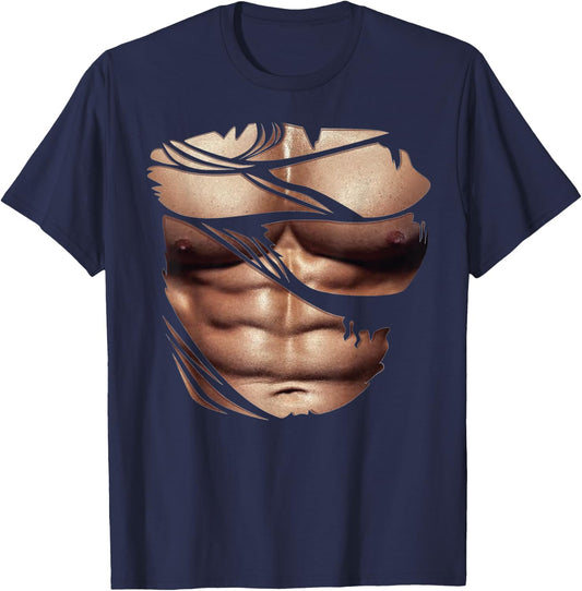 Fake Muscles Ripped Torn Chest Six Pack Abs Fitness Model T-Shirt - T-Shirt | Navy