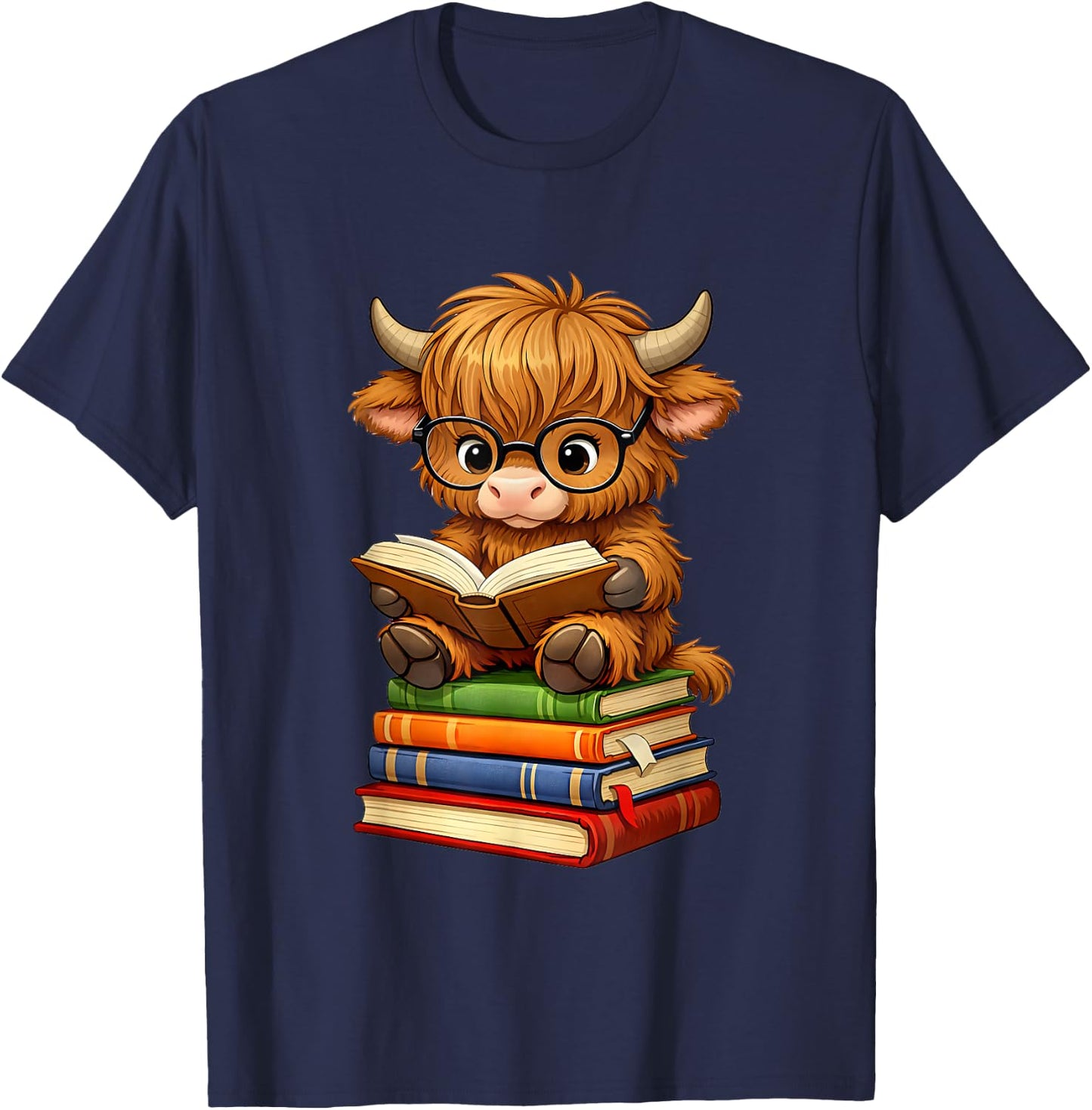 Cute Highland Cow with Glasses Reading Books T-Shirt - T-Shirt | Navy