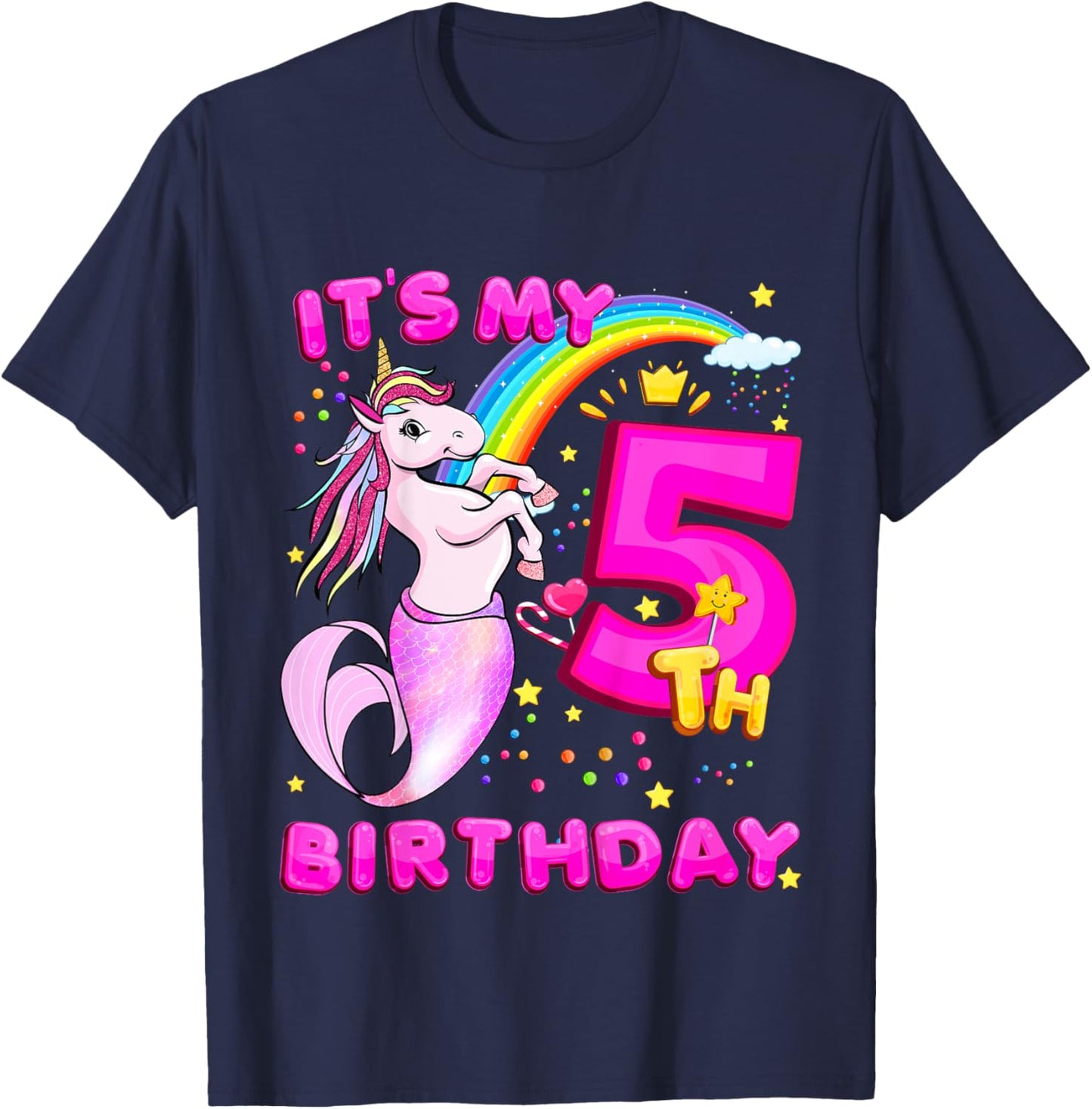 5th Birthday Unicorn Mermicorn Mermaid Gifts For Girls T-Shirt - T-Shirt | Navy