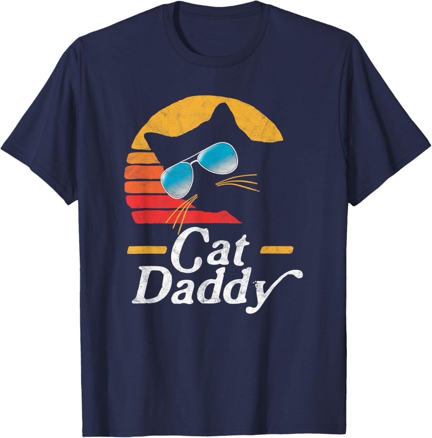 Cat Daddy Vintage 80s Style Cat Retro Sunglasses Distressed T-Shirt - T-Shirt | Navy