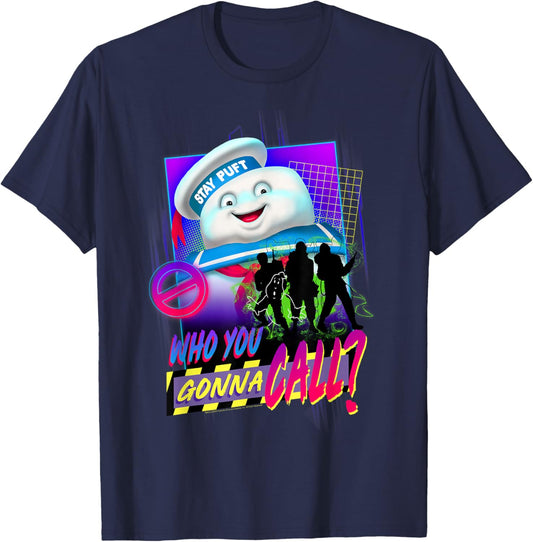 Ghostbusters Who You Gonna Call? Retro Neon Poster T-Shirt - T-Shirt | Navy