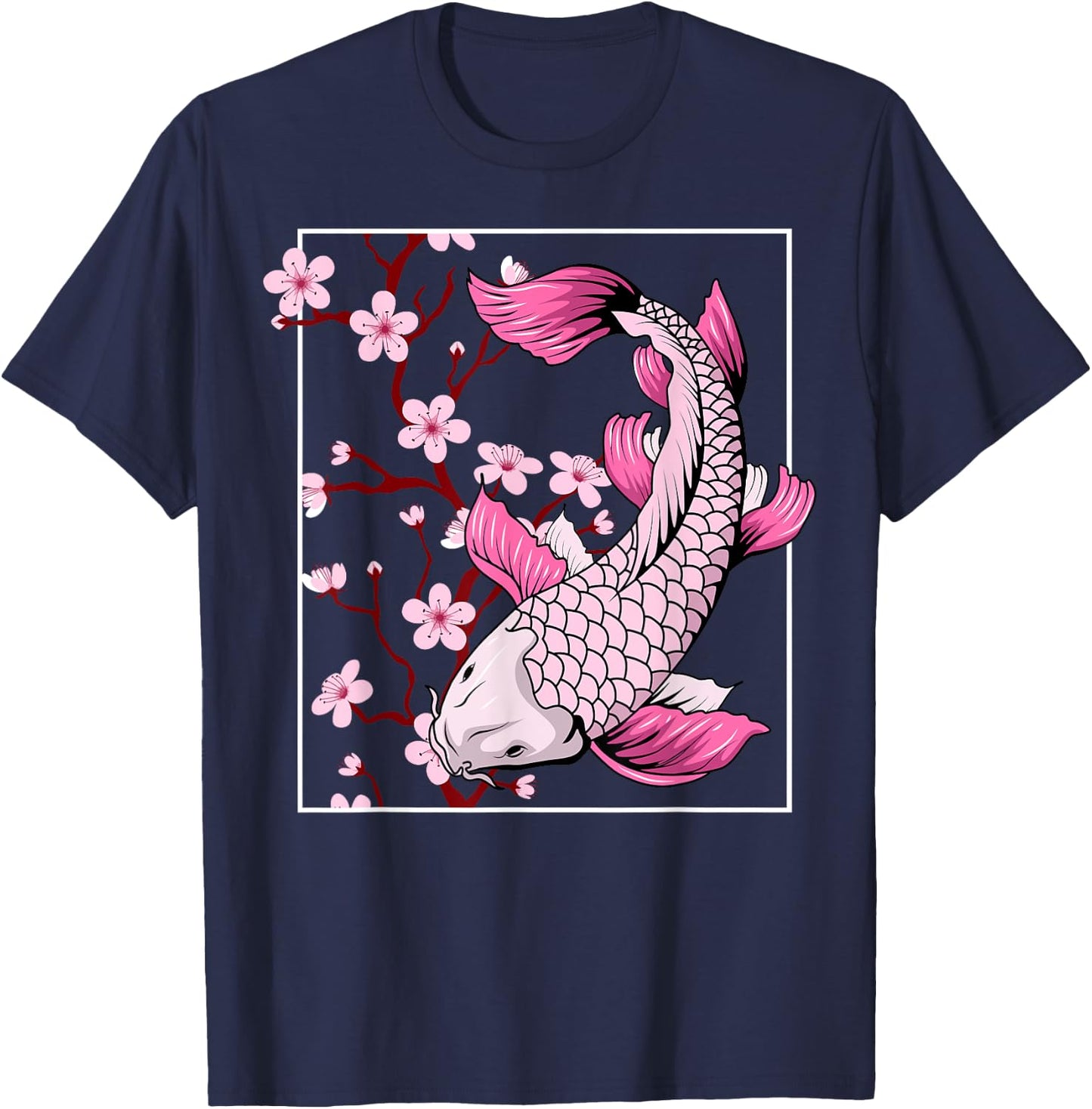 Vintage Sakura Blossom Flower Koi Fish T-Shirt - T-Shirt | Navy