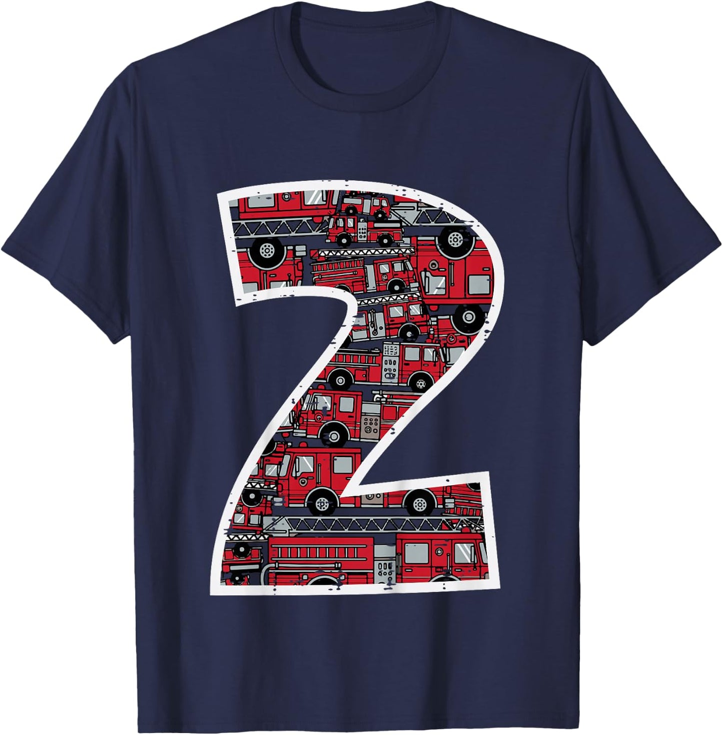 Kids 2nd Birthday 2 Firetrucks Firefighter Fireman Bday Boys Kids T-Shirt - T-Shirt | Navy