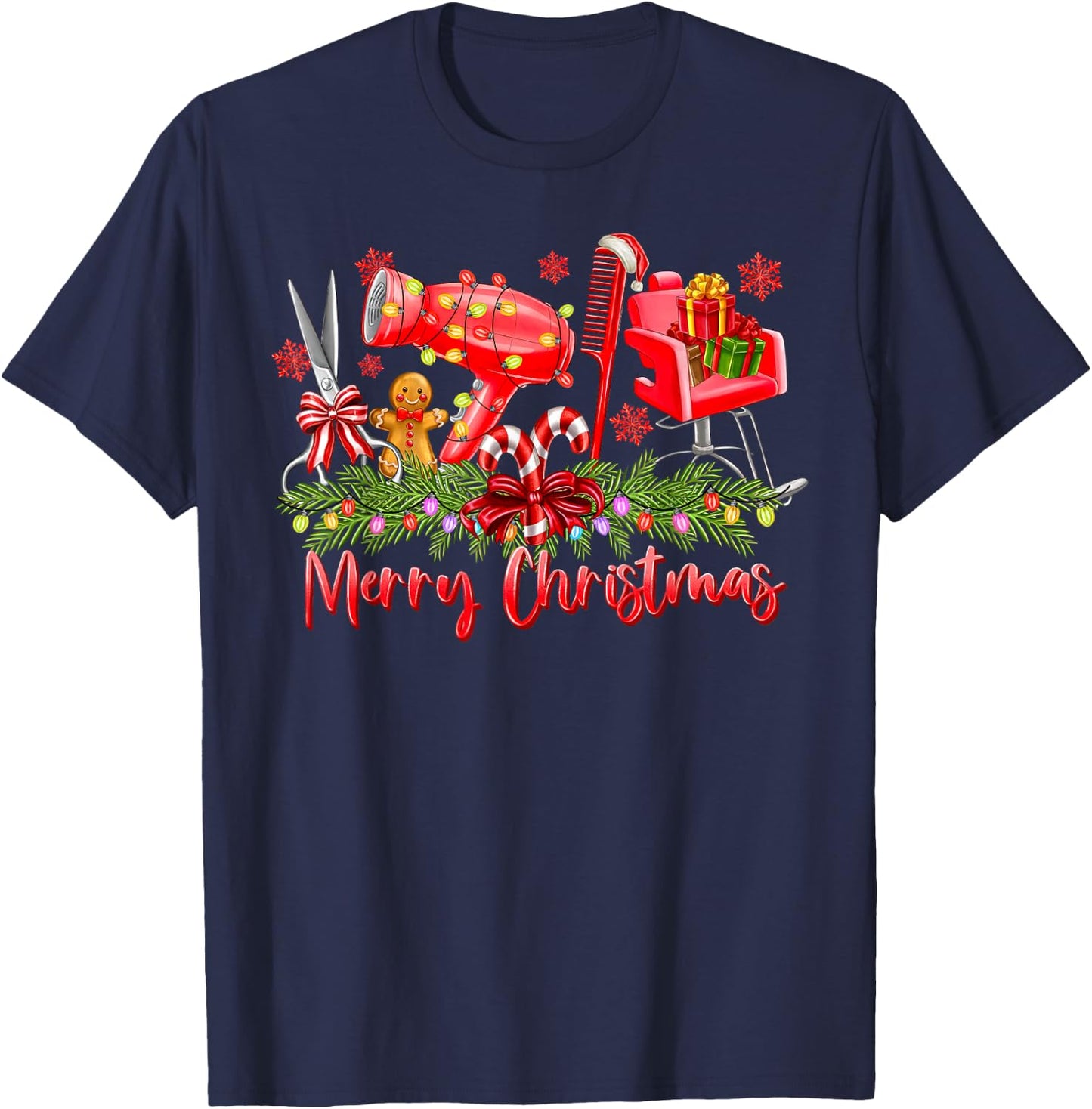 Merry Christmas Lights Hairstylist Tool Hairdresser Barber T-Shirt - T-Shirt | Navy