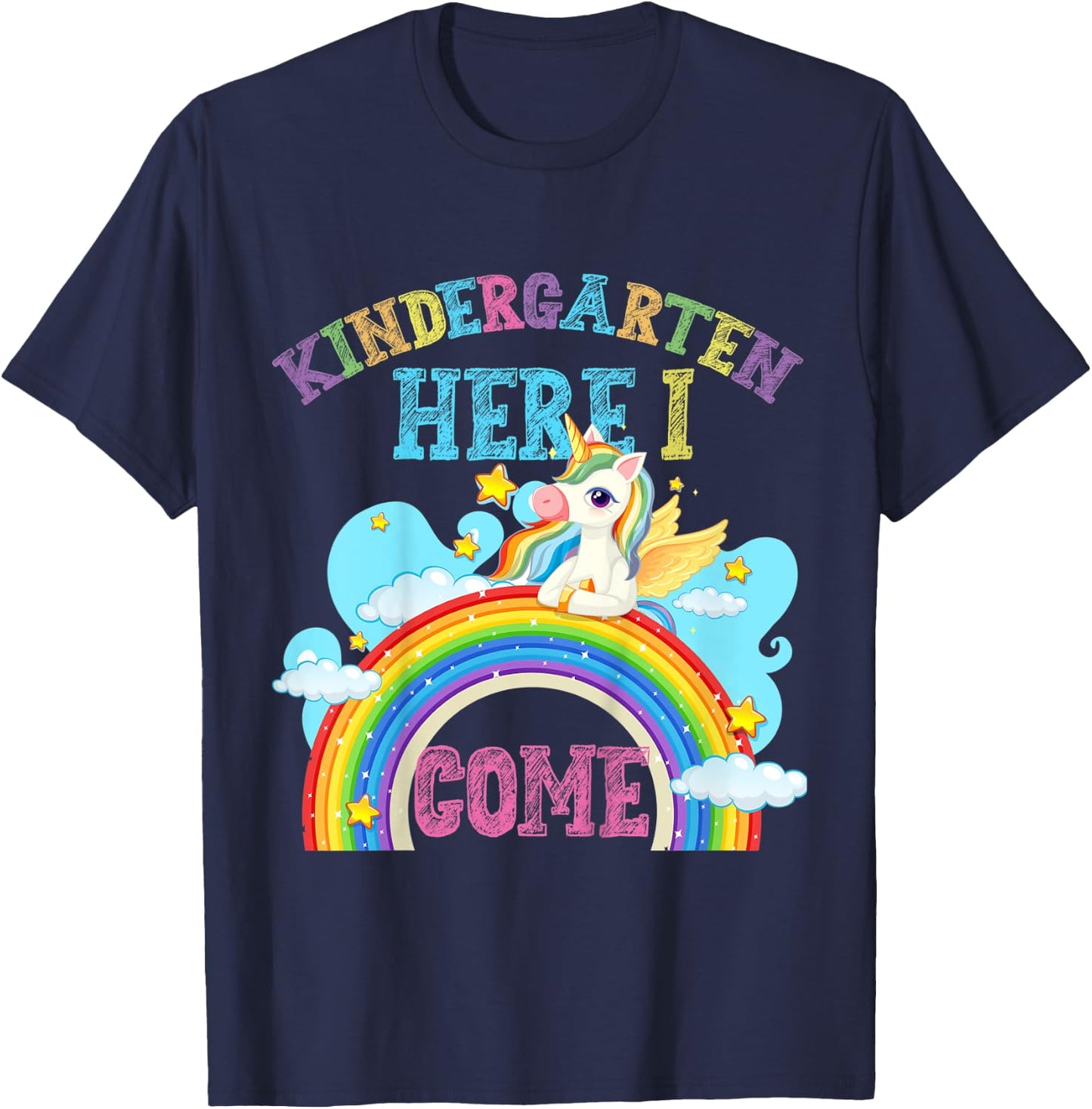 Kids Rainbow Unicorn Lover Kindergarten Here I Come School T-Shirt - T-Shirt | Navy