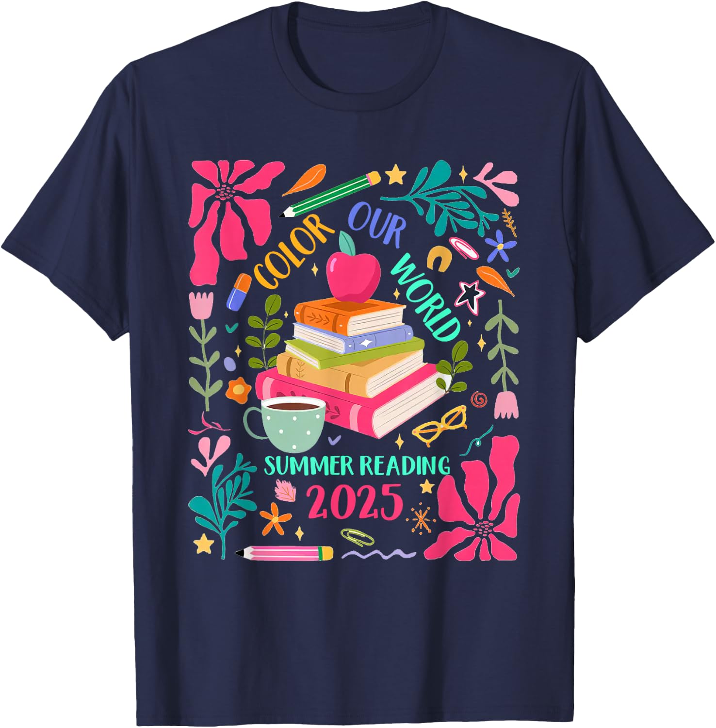 Color Our World Summer Reading 2025 Boho Wildflower Book T-Shirt - T-Shirt | Navy