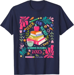 Color Our World Summer Reading 2025 Boho Wildflower Book T-Shirt - T-Shirt | Navy