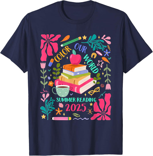 Color Our World Summer Reading 2025 Boho Wildflower Book T-Shirt - T-Shirt | Navy