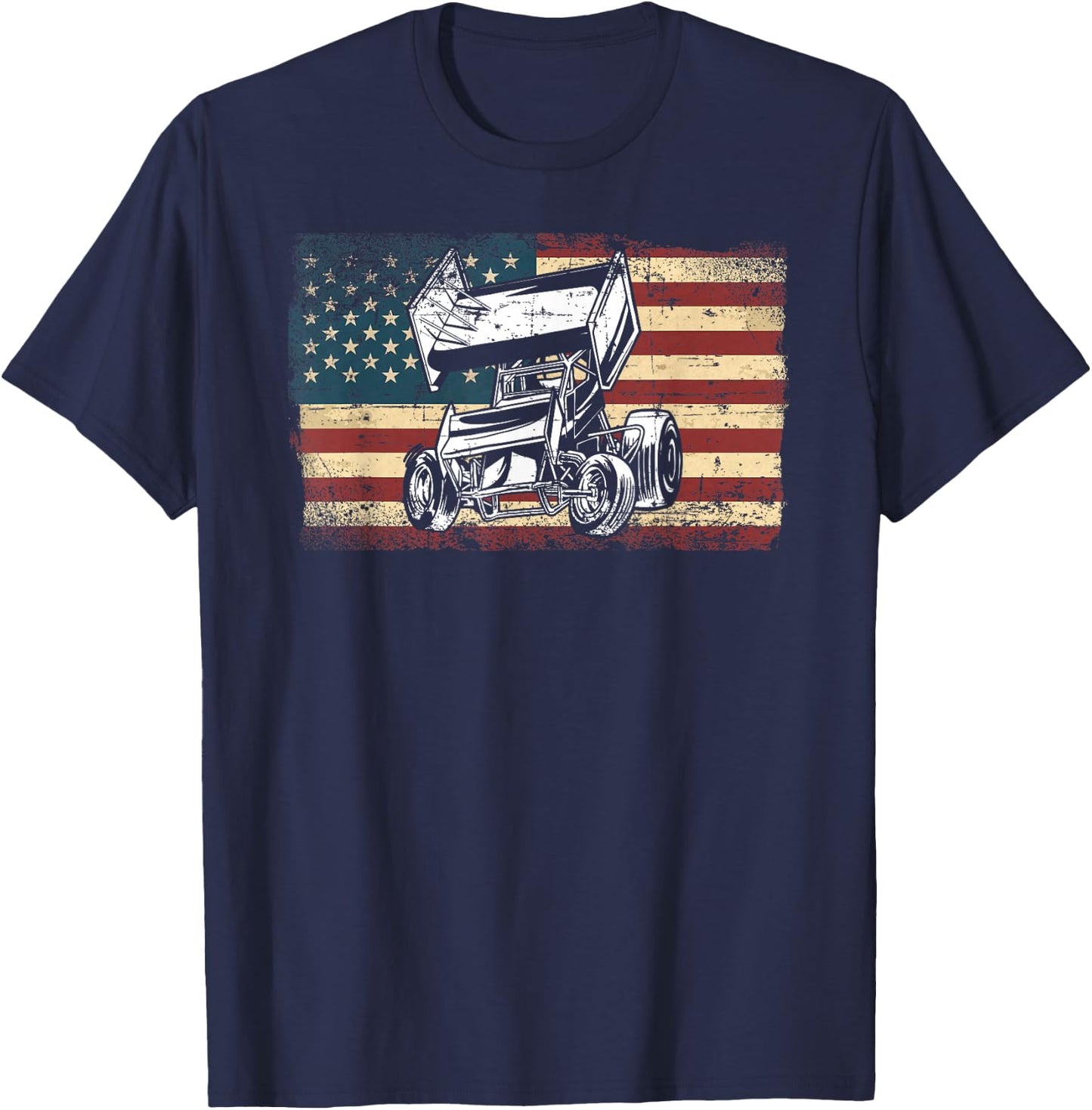 Dirt Track Racing Sprint Car Vintage Retro American Flag T-Shirt - T-Shirt | Navy
