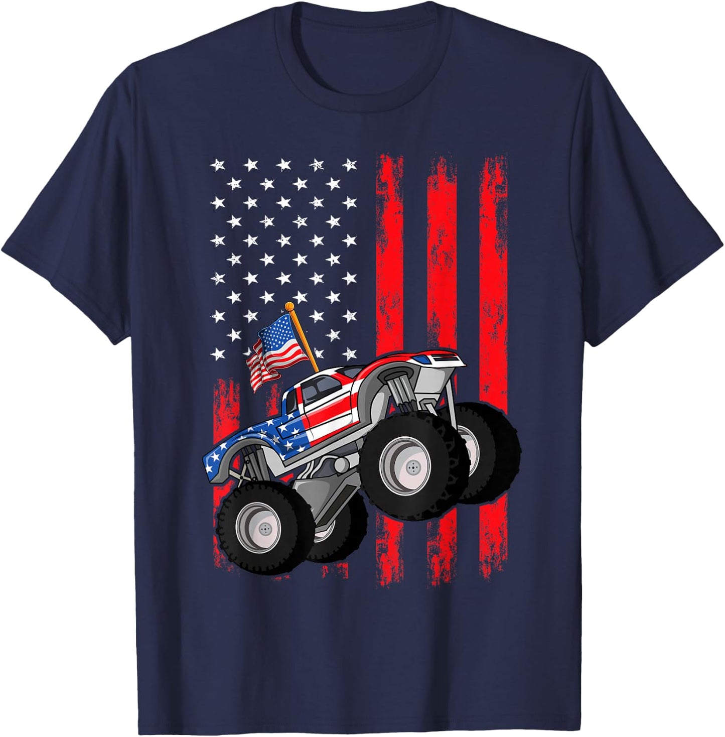 Kid Monster Truck Shirt, Toddler Boys American Flag July 4th T-Shirt - T-Shirt | Navy