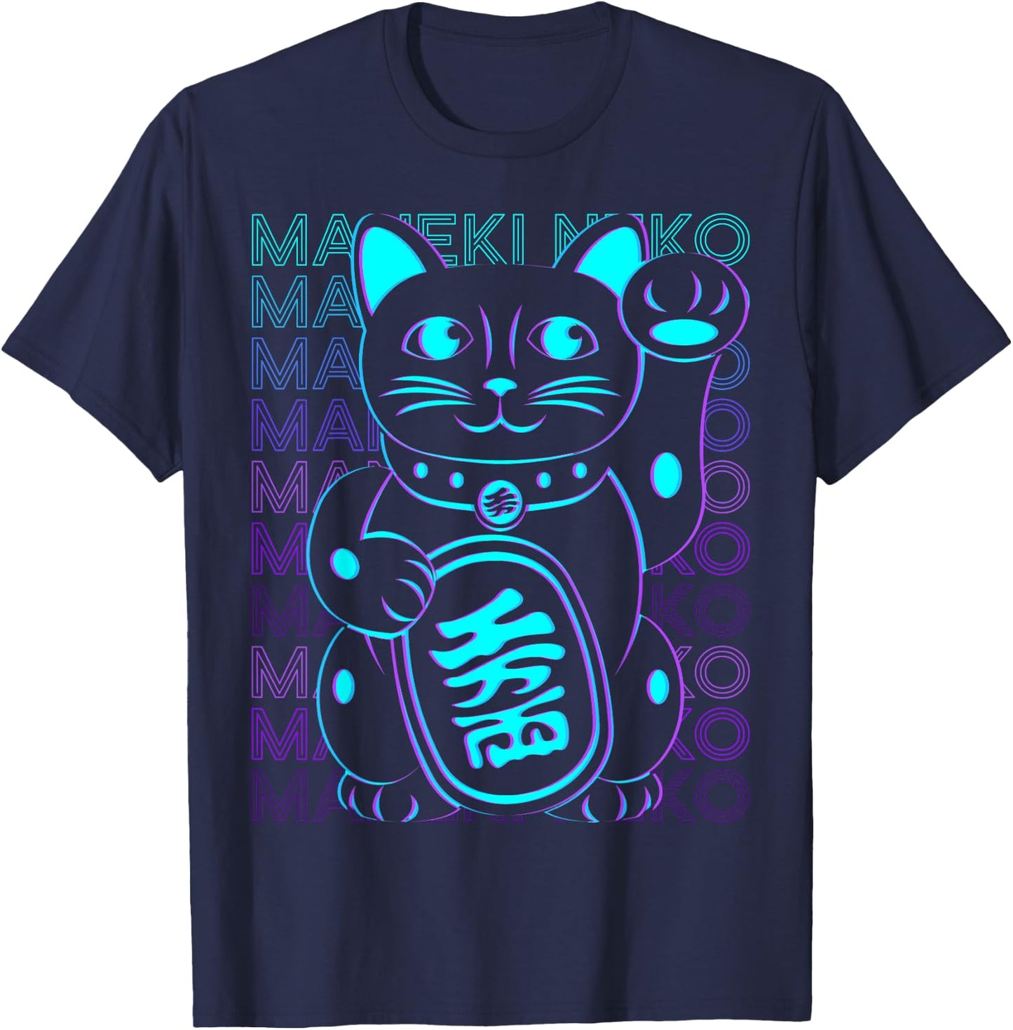 Maneki Neko Cat Japanese Lucky Cat Retro T-Shirt - T-Shirt | Navy