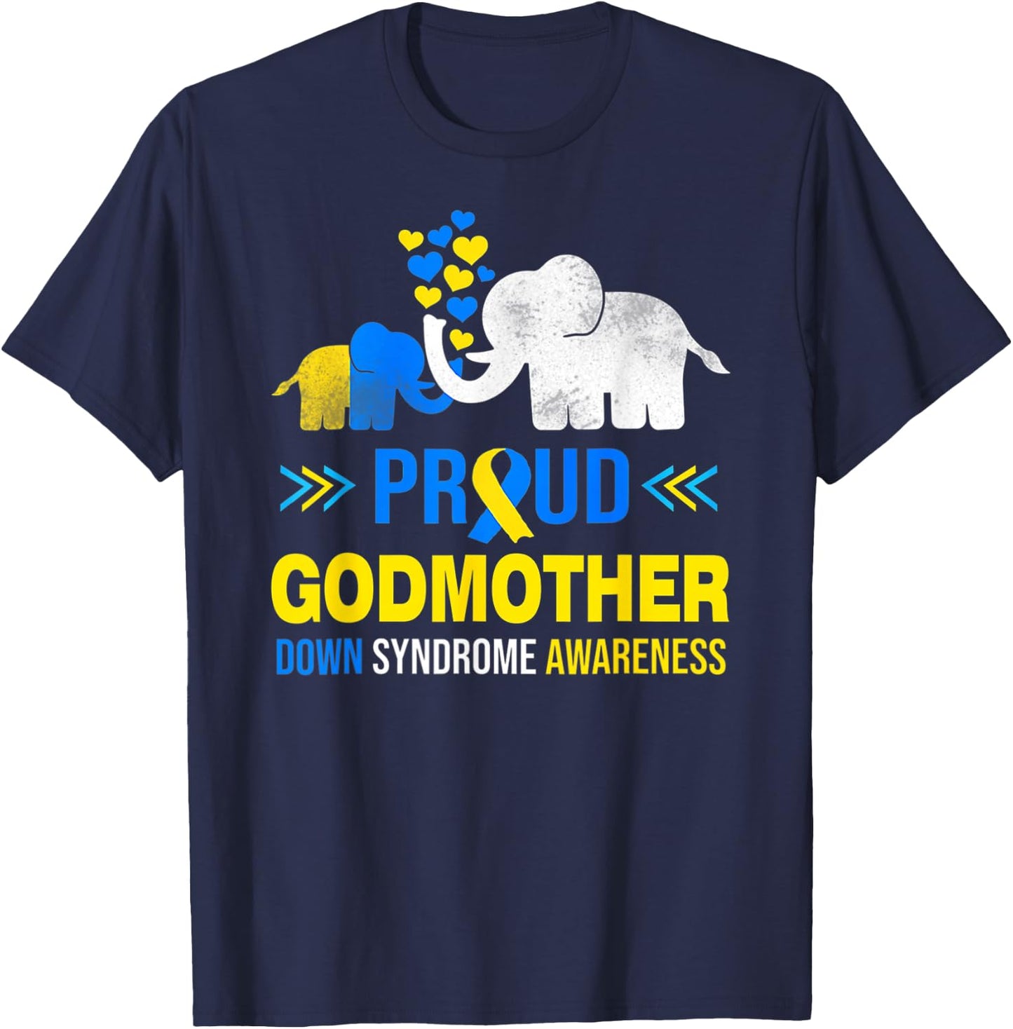 Proud Godmother Down Syndrome Awareness Blue Yellow Ribbon T-Shirt - T-Shirt | Navy