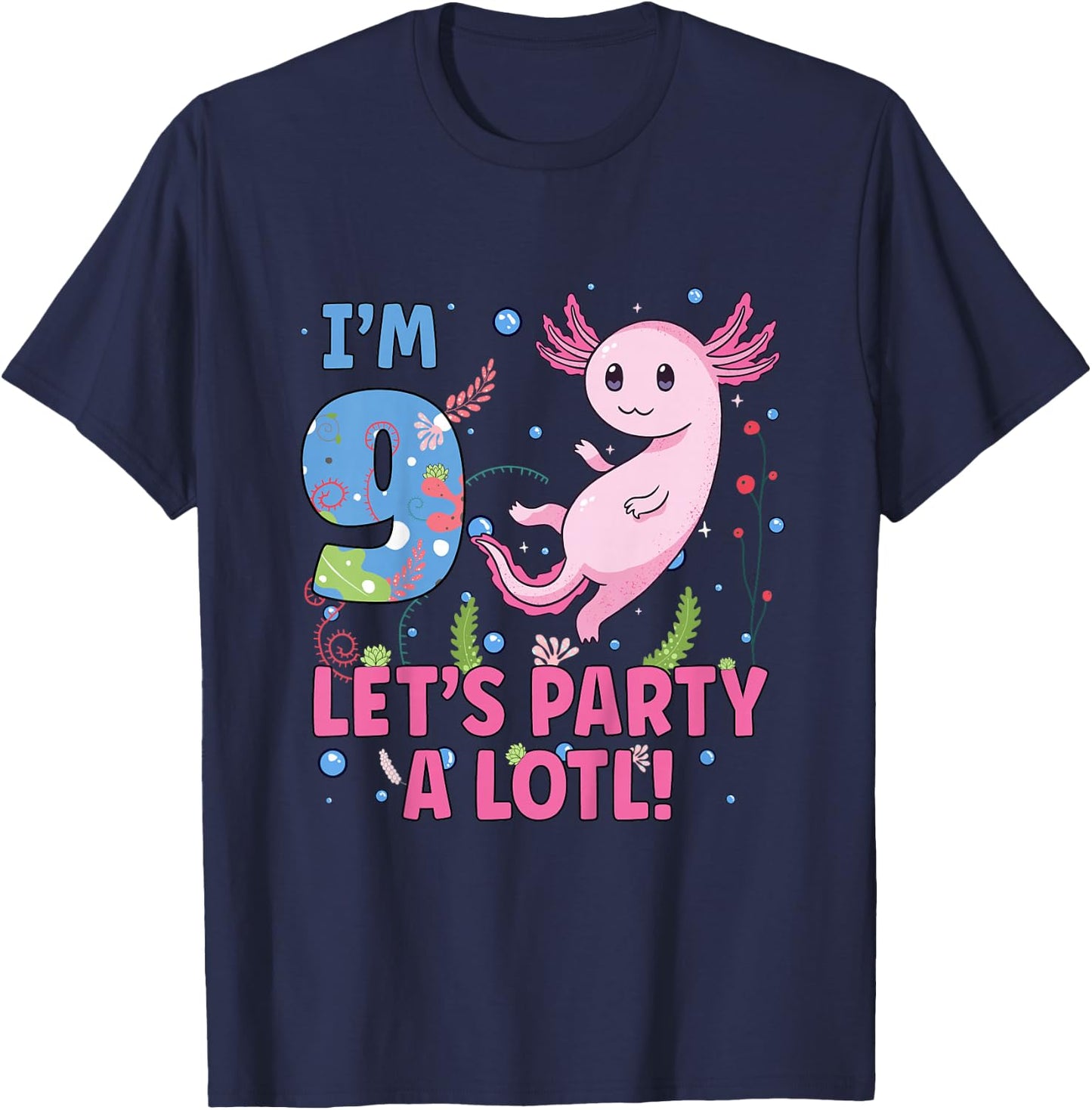 Kids Cute Axolotl Motif 9 Year Old Axolotl Lover 9th Birthday T-Shirt - T-Shirt | Navy