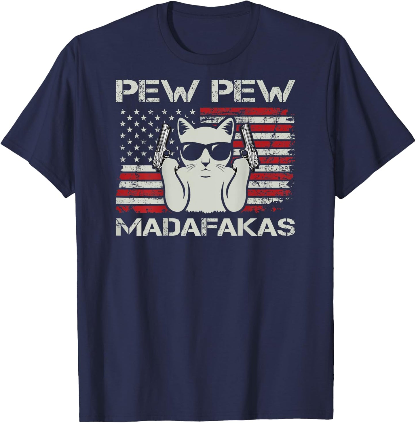 Vintage Cats Pew Pew Madafakas USA Funny Cat Lover (ON BACK) T-Shirt - T-Shirt | Navy