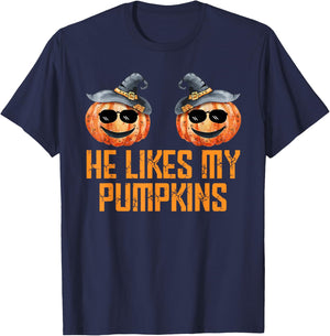 He Likes My Pumpkins She Likes My Broomstick Halloween Cool T-Shirt - T-Shirt | Navy