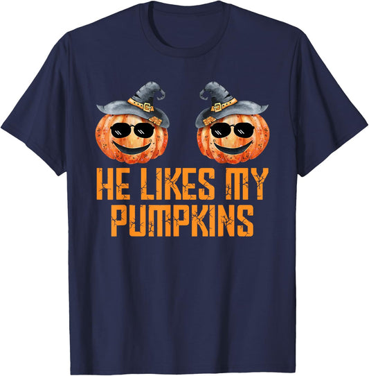 He Likes My Pumpkins She Likes My Broomstick Halloween Cool T-Shirt - T-Shirt | Navy
