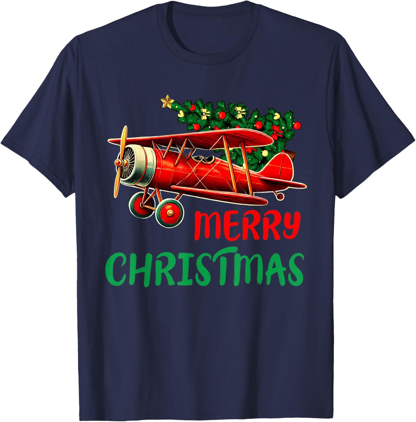 Merry Christmas Airplane Christmas Tree Pilot T-Shirt - T-Shirt | Navy