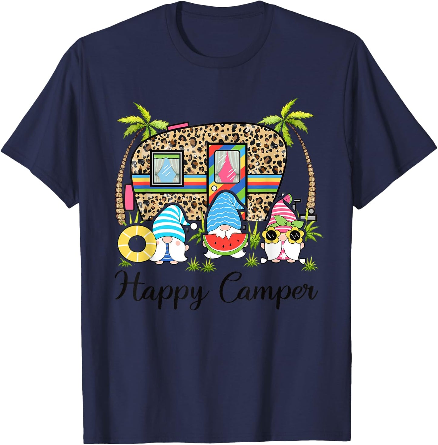 Leopard Camping RV Gnome Camper Happy Summer Camping T-Shirt - T-Shirt | Navy