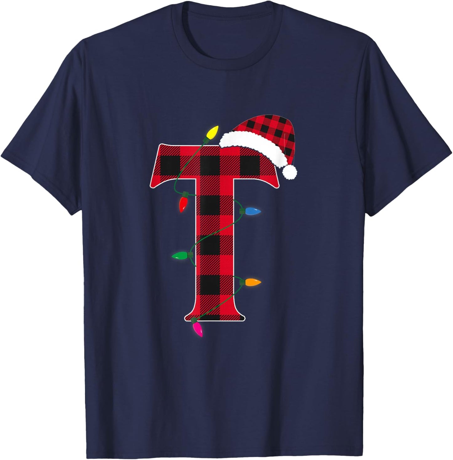 Awesome Letter T Initial Name Buffalo Plaid Christmas Pajama T-Shirt - T-Shirt | Navy