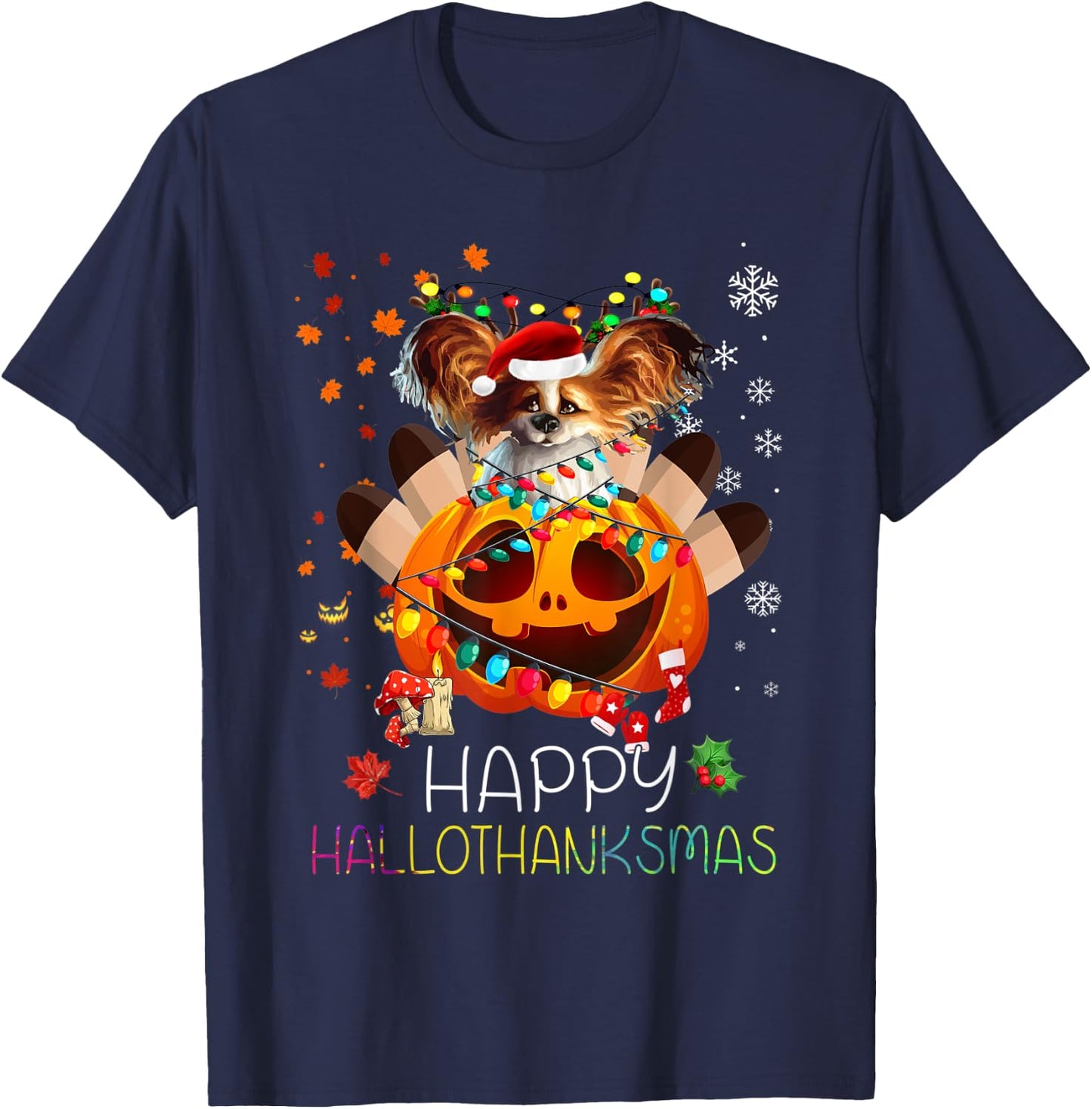 Funny Papillon Dog Happy Thanksgiving Halloween Xmas Pajama T-Shirt - T-Shirt | Navy