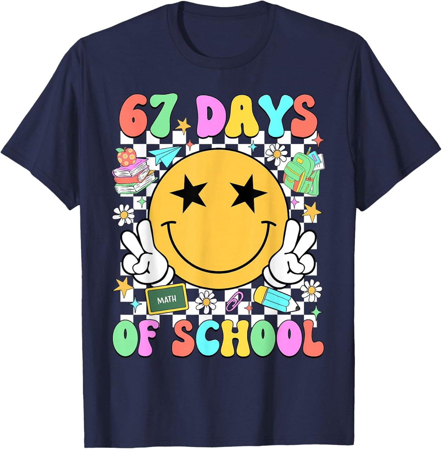 Happy 67th Day of School Vibes Smile Face 67 Days of School T-Shirt - T-Shirt | Navy