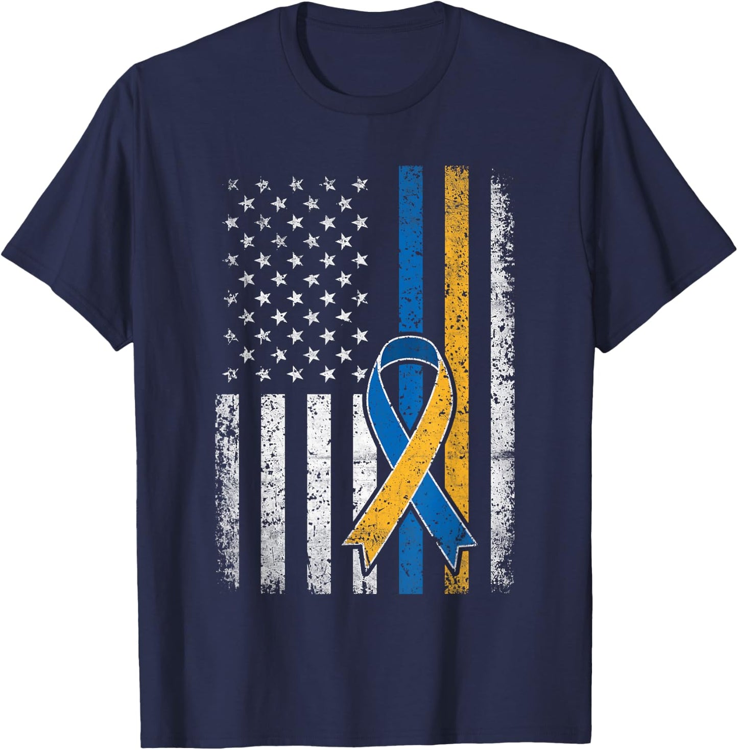 Down Syndrome Shirt USA Flag Retro Blue and Yellow Ribbon T-Shirt - T-Shirt | Navy