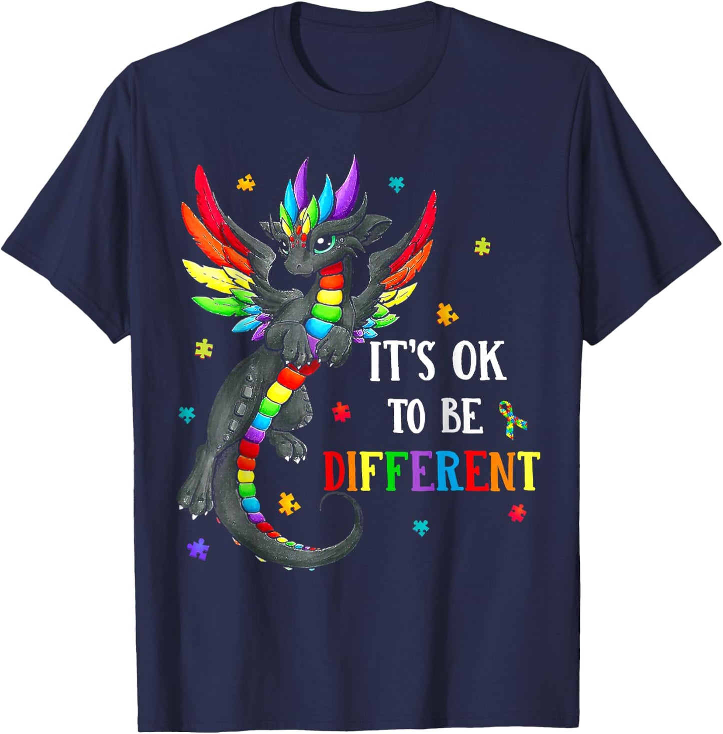 Autism Awareness Day Dragon Gift, It's Ok To Be Different T-Shirt - T-Shirt | Navy