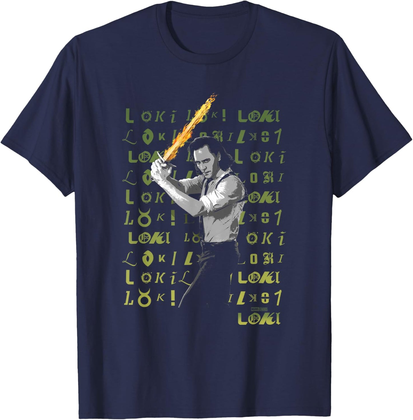 Marvel Loki Flaming Sword Loki Logo Text Spill T-Shirt - T-Shirt | Navy