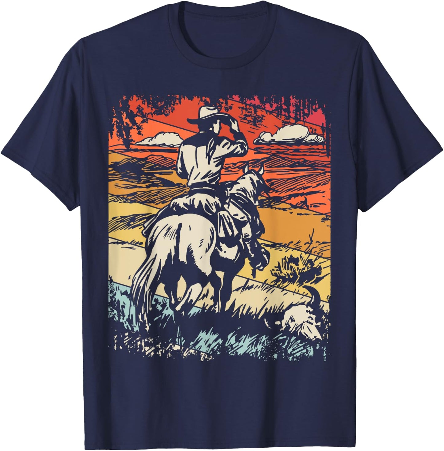 Vintage Cowboy By SamBro Retro -Adults Kids Western Black Small Short Sleeve T-Shirt - T-Shirt | Navy