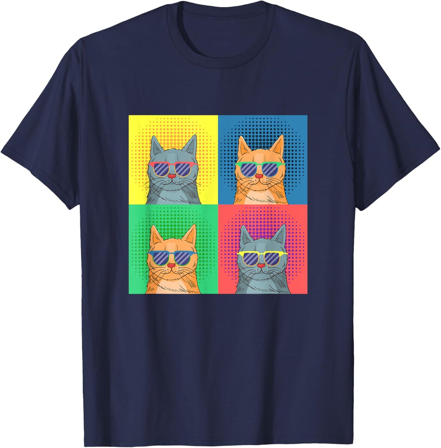 Retro Pop Art Cats - Funny Cat Art Lover Cartoon Design T-Shirt - T-Shirt | Navy