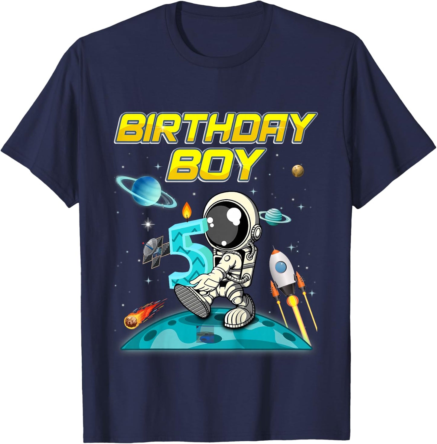 Kids 5 Year Old Outer Space Bday Boy Planets Astronaut 5th Gift T-Shirt - T-Shirt | Navy