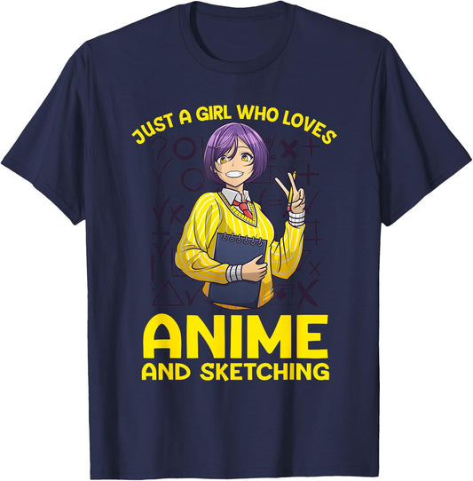 Anime Art Teen Girl Anime Merch Sketch Anime Lover T-Shirt - T-Shirt | Navy