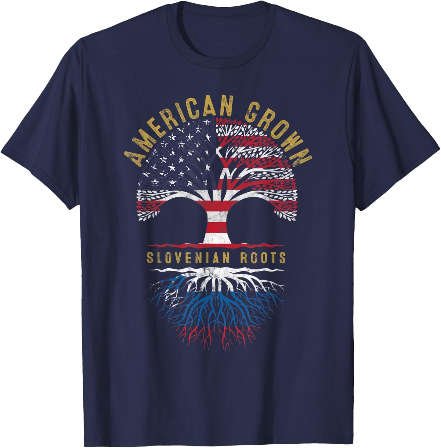 American Grown Slovenian Roots Tree Flag Family Heritage T-Shirt - T-Shirt | Navy