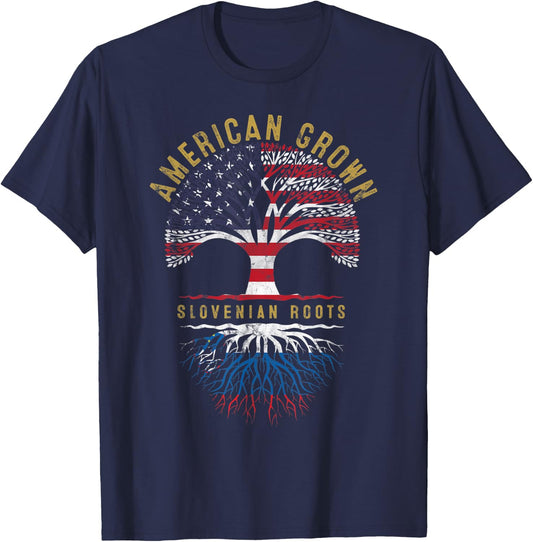 American Grown Slovenian Roots Tree Flag Family Heritage T-Shirt - T-Shirt | Navy