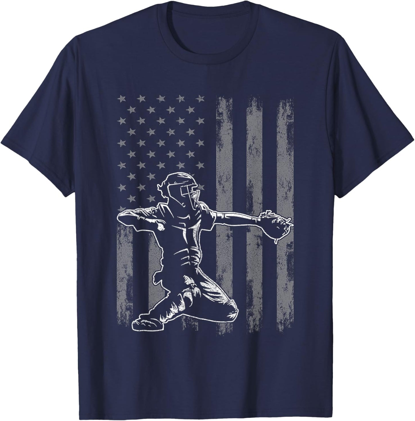 Baseball Catcher Shirt for Boys Men, Baseball USA Flag T-Shirt - T-Shirt | Navy