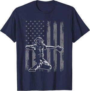 Baseball Catcher Shirt for Boys Men, Baseball USA Flag T-Shirt - T-Shirt | Navy