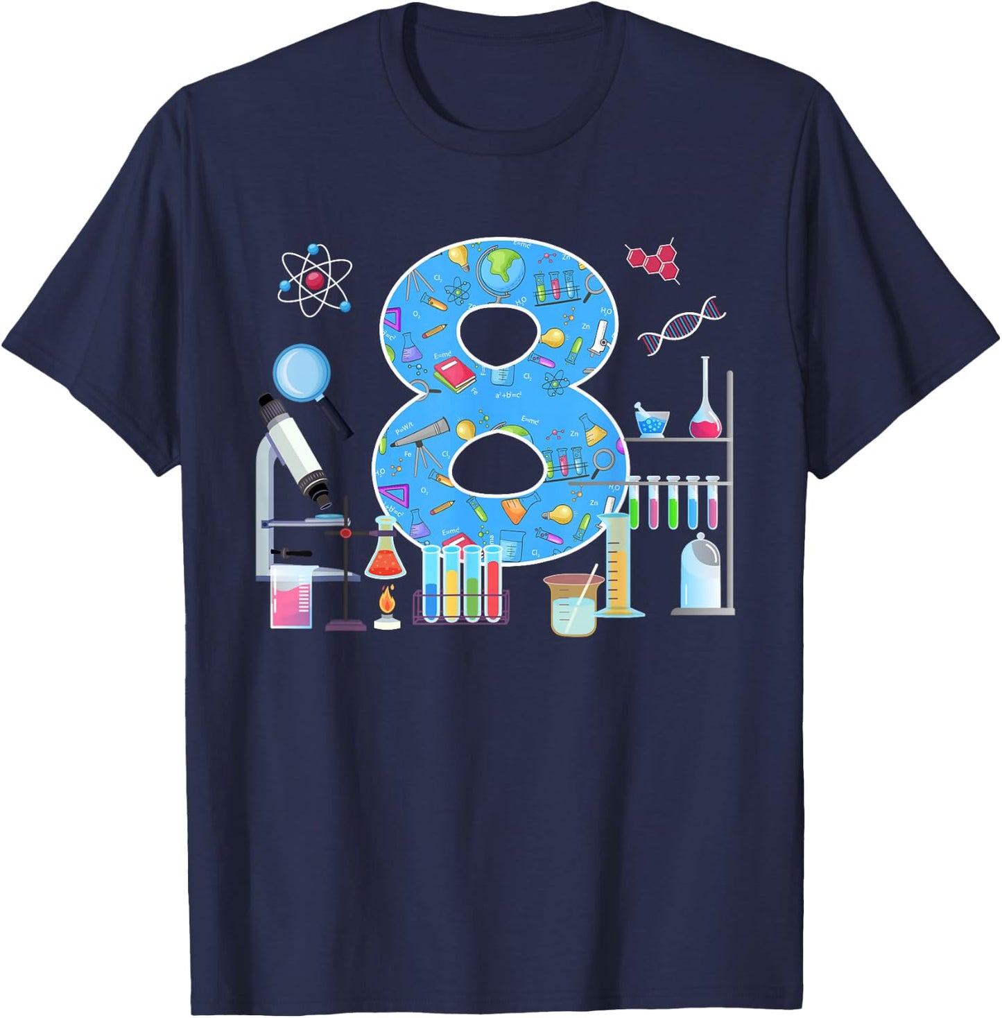 8th Birthday Science Theme 8 Year Old Birthday Scientist T-Shirt - T-Shirt | Navy