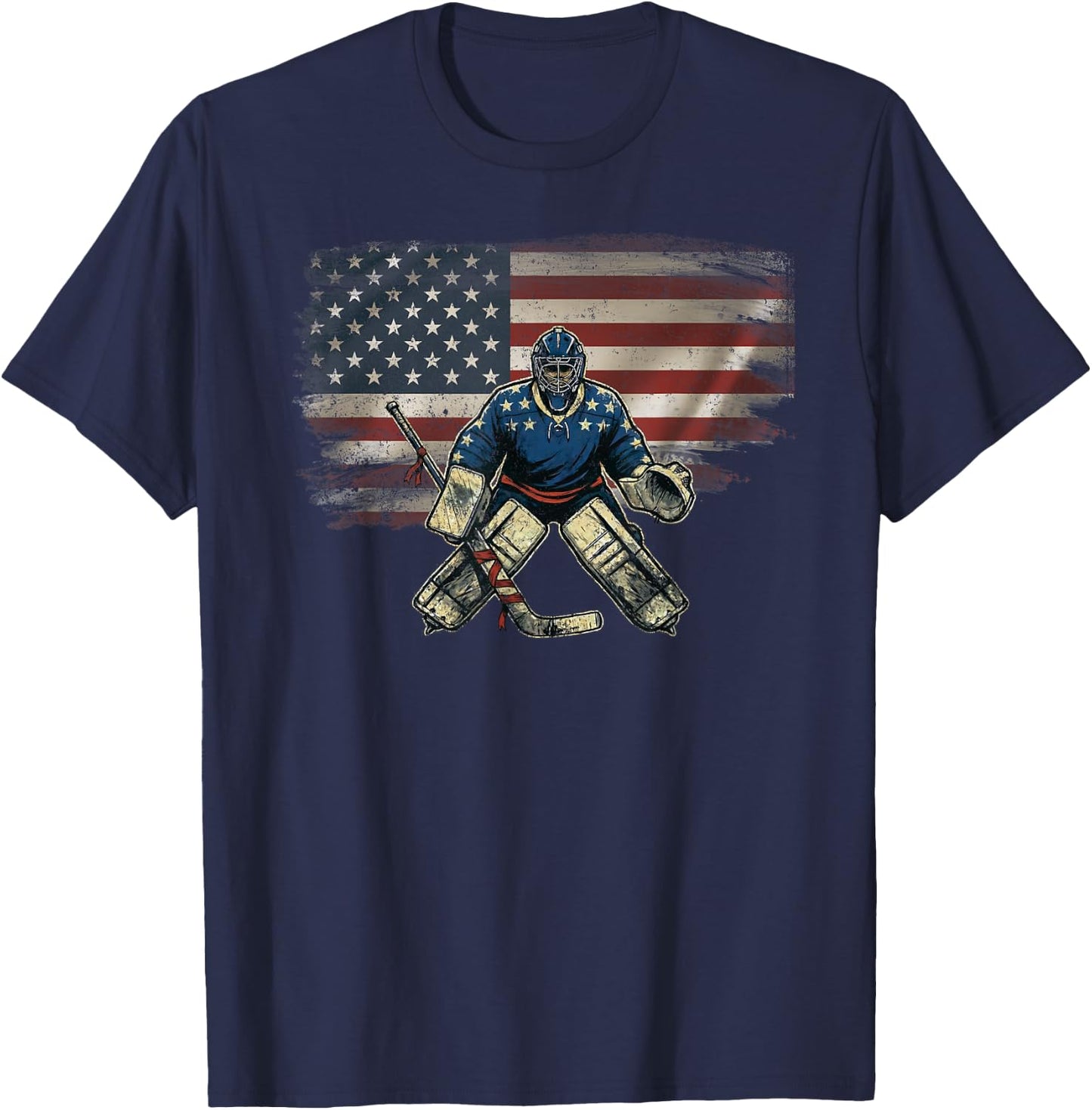 Vintage USA Flag Hockey Lover Ice Hockey Goalie T-Shirt - T-Shirt | Navy