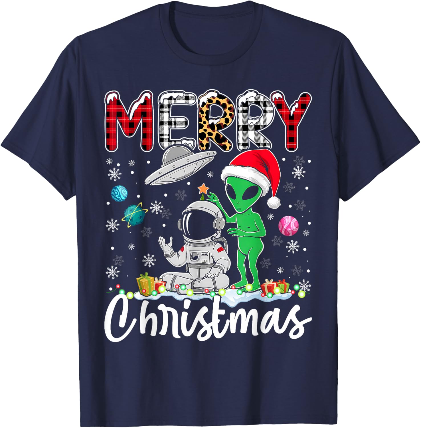 Alien Santa Astronaut UFO Christmas Snowflakes Xmas T-Shirt - T-Shirt | Navy