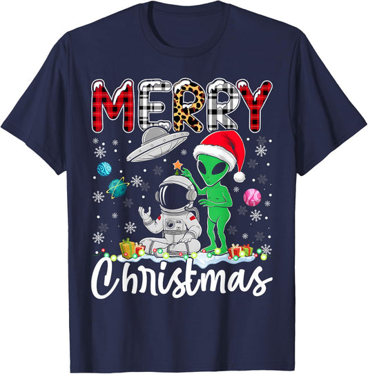 Alien Santa Astronaut UFO Christmas Snowflakes Xmas T-Shirt - T-Shirt | Navy