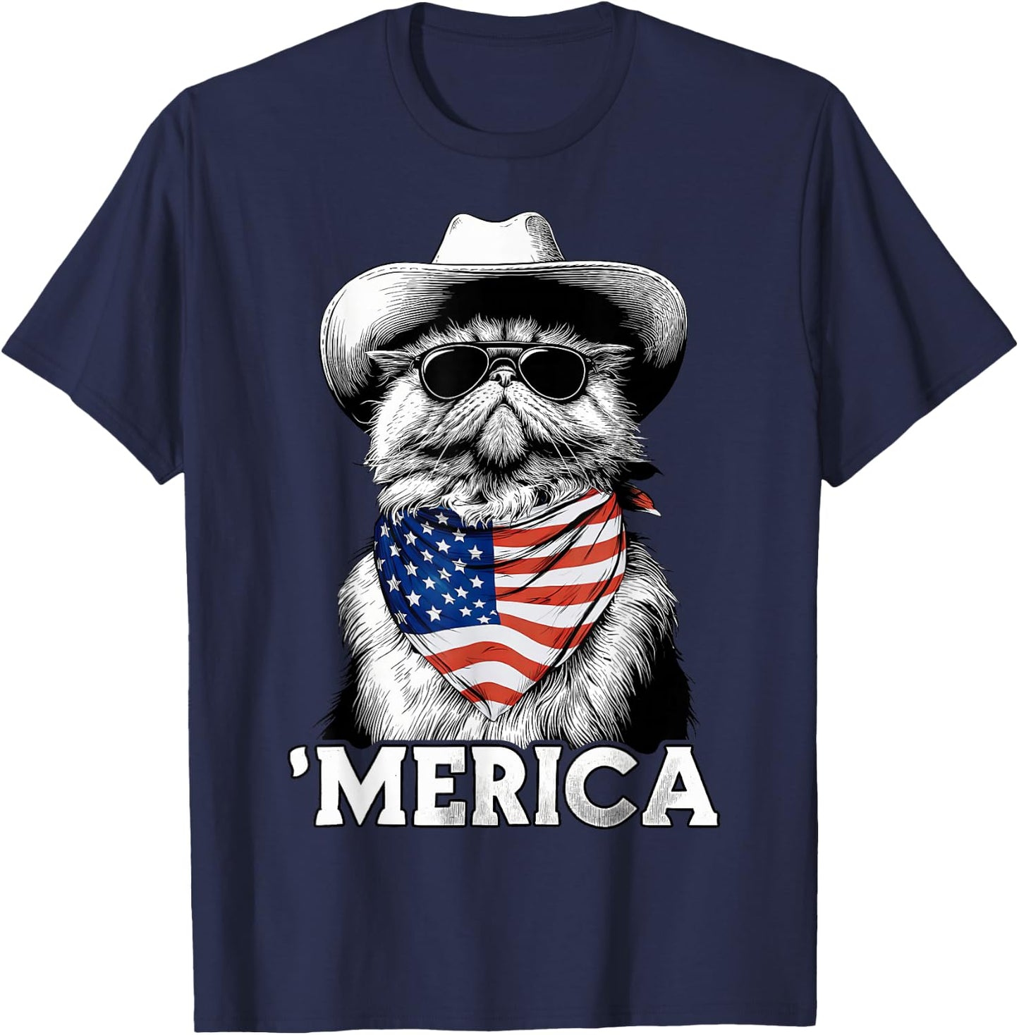 Persian Cat American Flag Bandana Cowboy Hat Sunglasses T-Shirt - T-Shirt | Navy