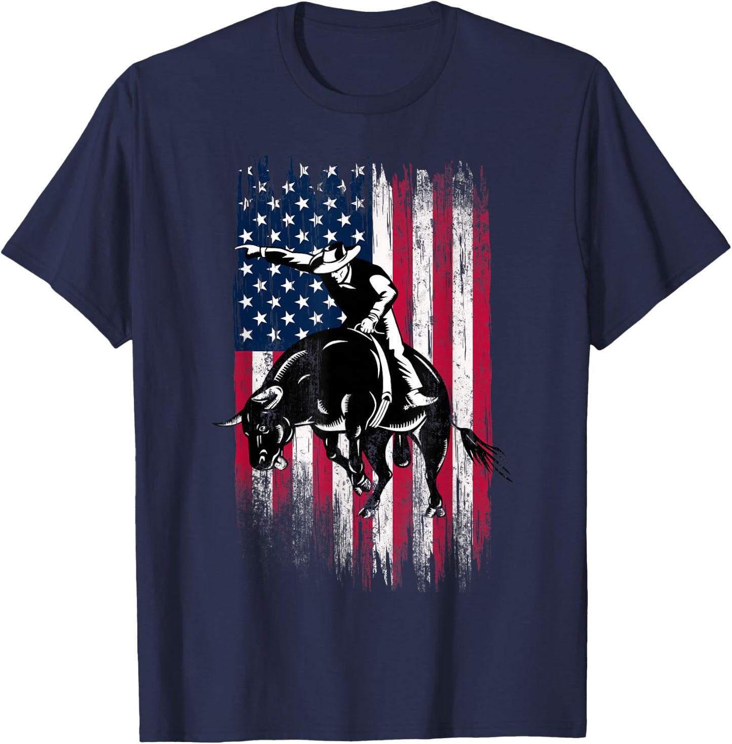 Rodeo Bull Rider Patriotic American Flag Cowboys Small T-Shirt - T-Shirt | Navy