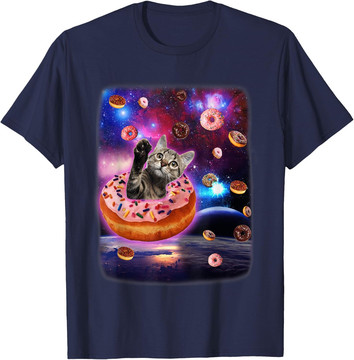 Cute Cat Inside Donut In Space Boy Girl Donut Kitty Galaxy T-Shirt - T-Shirt | Navy