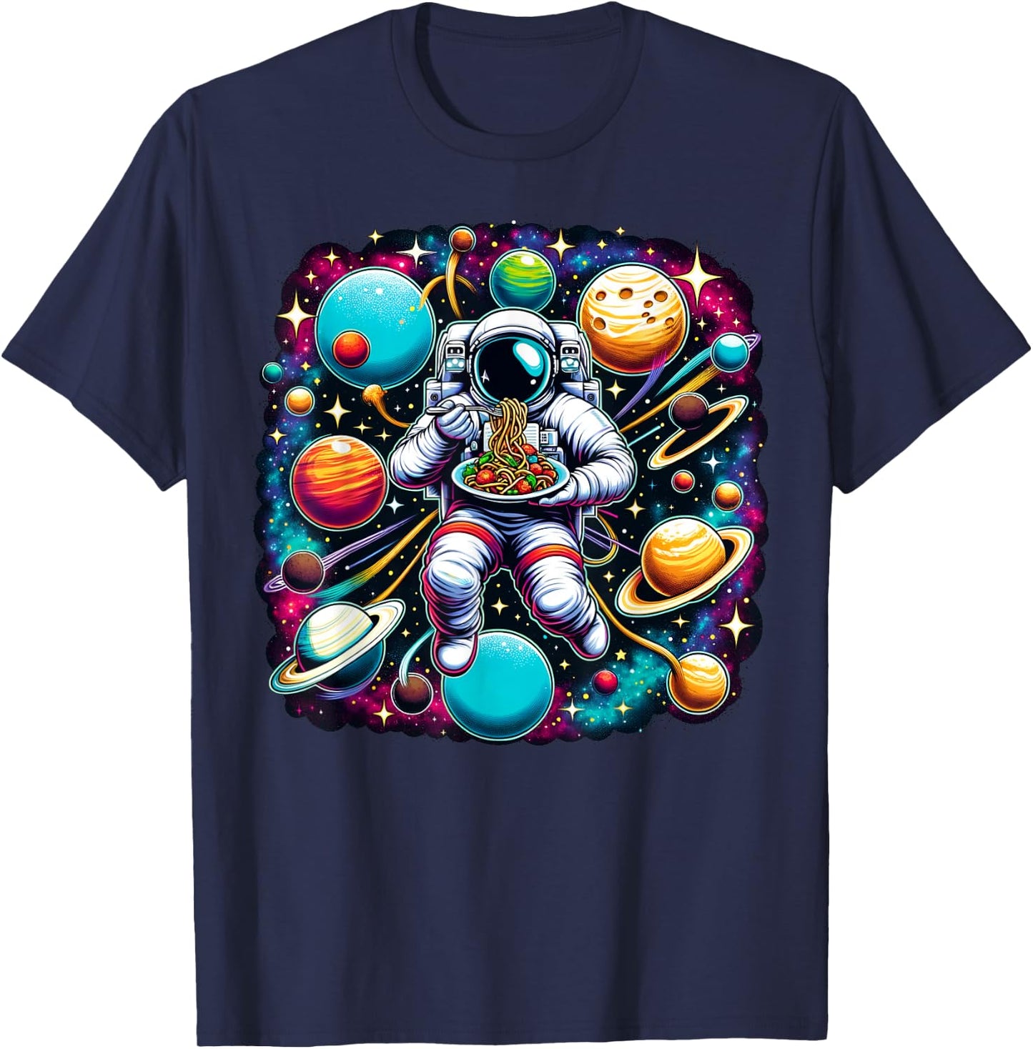 Colorful Galaxy Astronaut eating Spaghetti and meatballs T-Shirt - T-Shirt | Navy