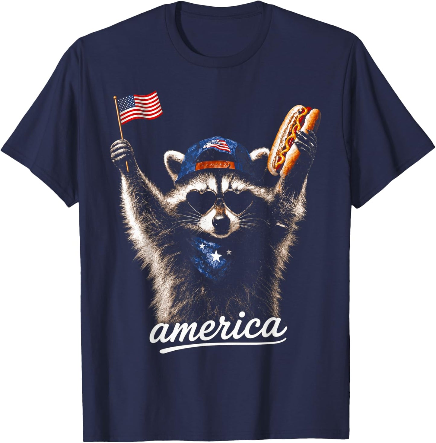America Meme Raccoon 4th July Hot Dog Lovers T-Shirt - T-Shirt | Navy